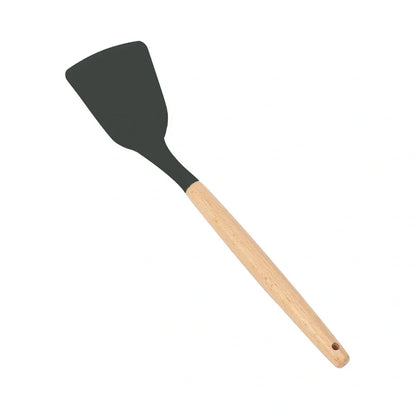 Wooden handle silicone cooking utensils set with 12 tools including spatula, whisk and food tongs in organiser barrel