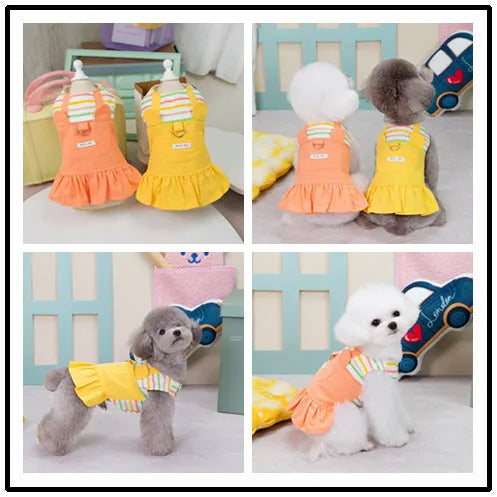 Striped patchwork cotton skirt for dogs in orange or yellow colour with size options