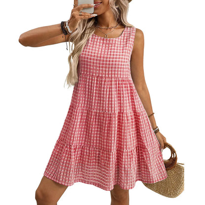 Women's light blue sleeveless plaid dress with a high waist and flowing swing skirt.