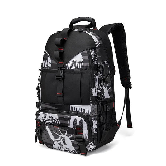Men's black waterproof Oxford cloth hiking backpack with air pillow shoulder straps showing 56-75L capacity