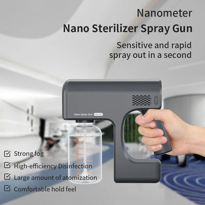 Portable USB-powered disinfection sprayer with wireless charging, featuring atomization technology, long battery life, and multi-functional capabilities