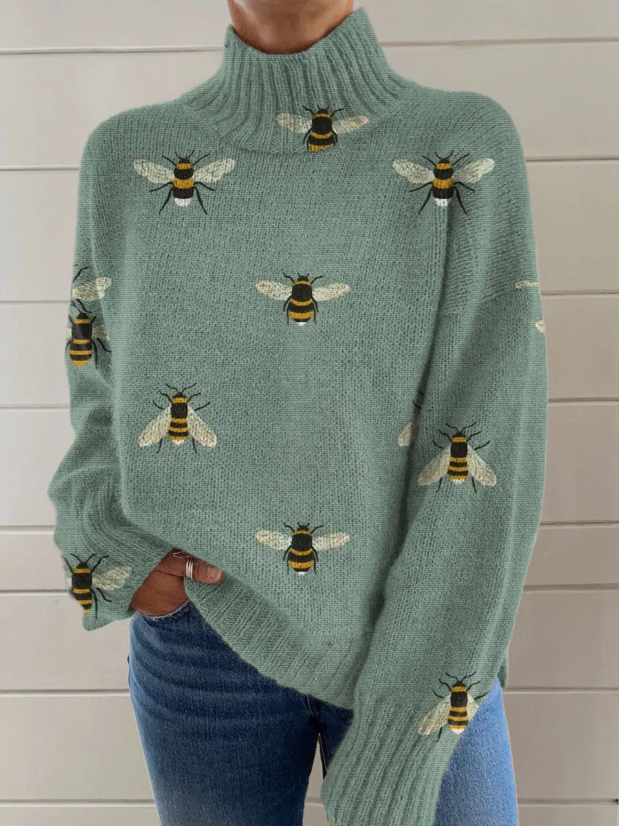 Women's Christmas printed turtleneck sweater with painting pattern and macaron colours, loose fit design