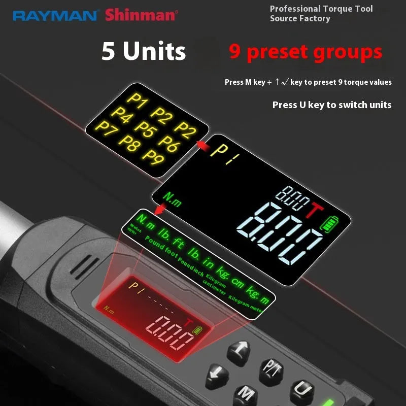 Electronic digital display torque wrench with a chrome-vanadium steel body on a workshop bench.