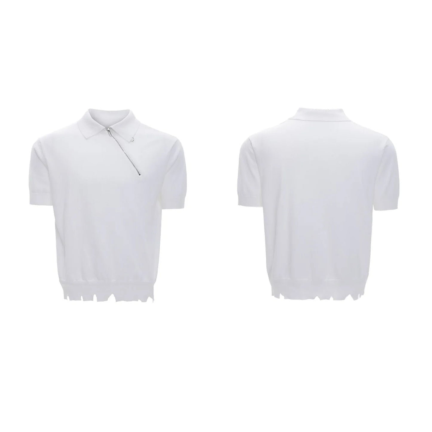 Men's slim-fit black knitted polo shirt with an oblique diagonal zipper and short sleeves.