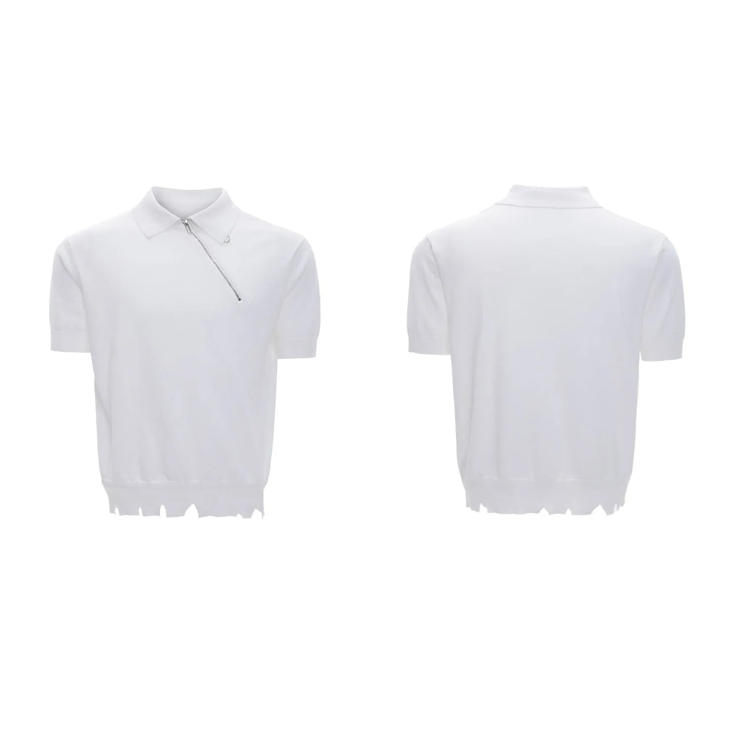 Men's slim-fit black knitted polo shirt with an oblique diagonal zipper and short sleeves.