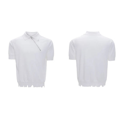 Men's slim-fit black knitted polo shirt with an oblique diagonal zipper and short sleeves.