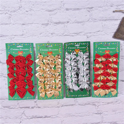 Polyester Christmas tree bow ornament in red, gold, and silver colours measuring 5 cm wide