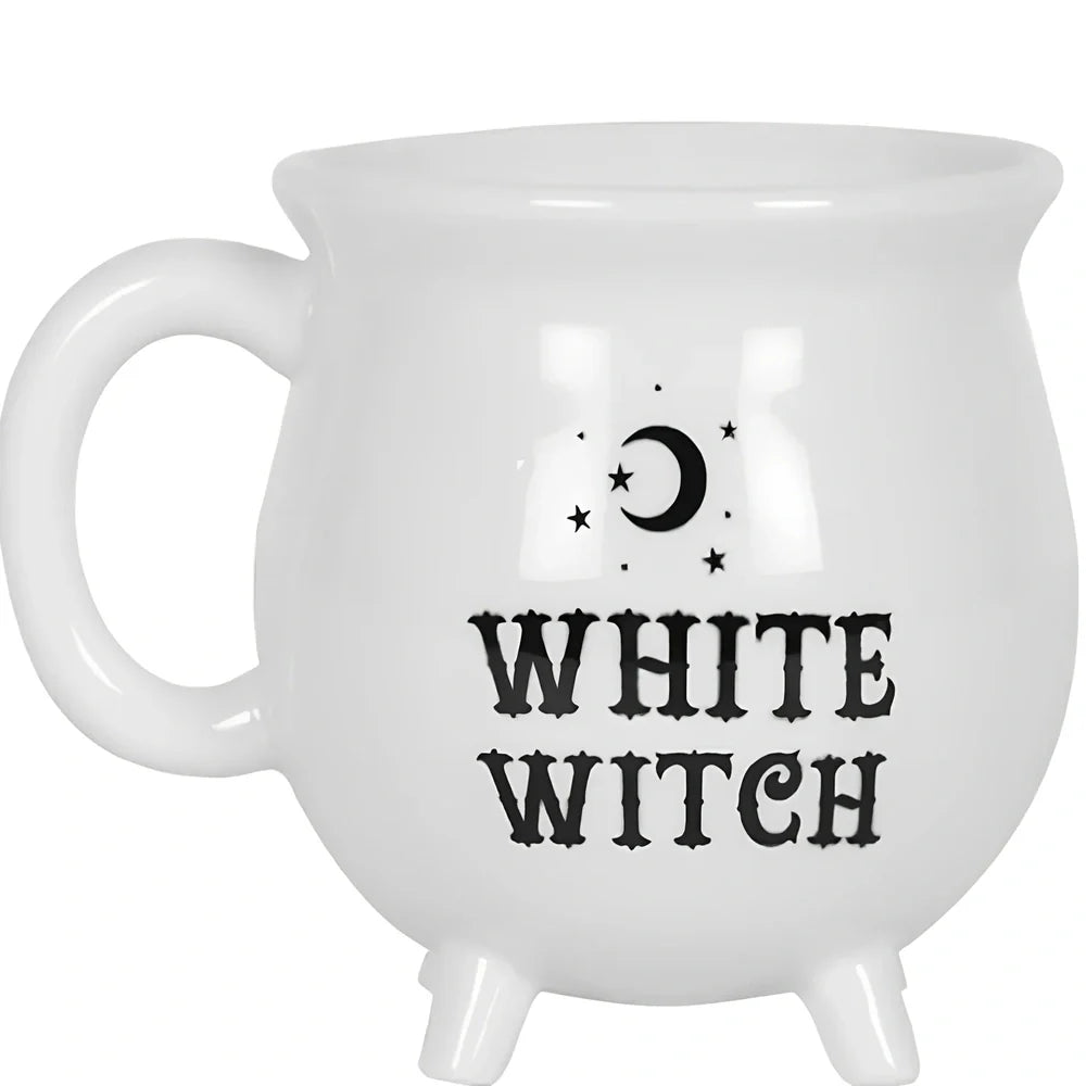 Black ceramic witch coffee mug with cartoon design showing 350ml capacity