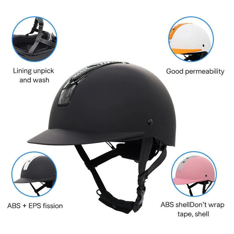 Equestrian Helmet Horse Riding Hat for Men and Women - ABS Shell with EPS Lining in Size S (49-53cm) and M (54-58cm) - Available in Bright Black, Silver Black, Silver Pink, or White Orange