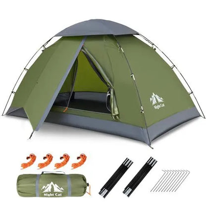 Dark green automatic pop-up camping tent set up in woodland with 2.9m length and 1.15m height showing rainfly and inner tent
