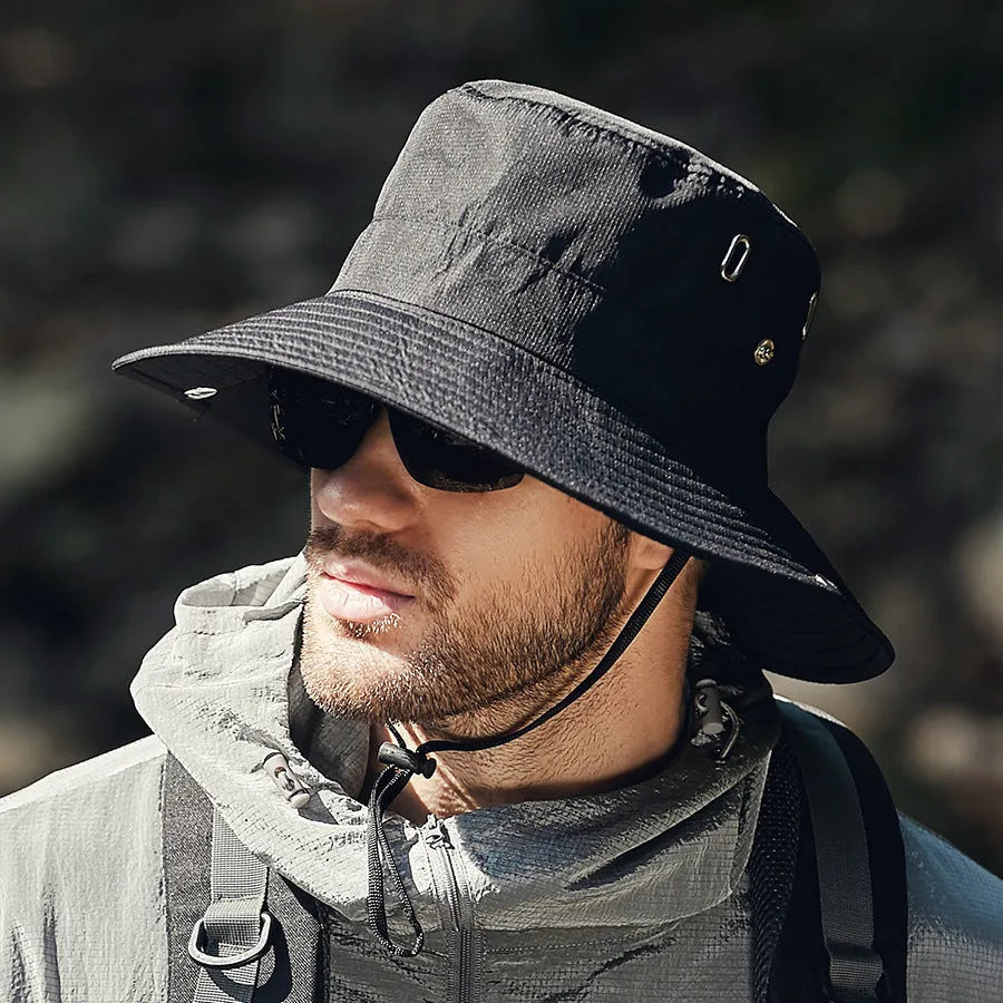 Men's wide brim polyester sunshade hat with dome crown, 58-60cm adult free size, in black, khaki, dark grey, army green or navy blue.