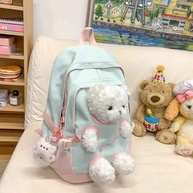 Literary style nylon school backpack in a macaron colour with curved shoulder straps