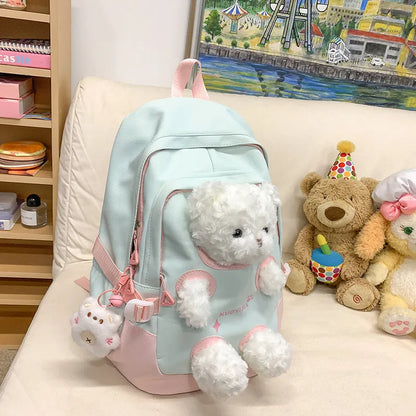 Literary style nylon school backpack in a macaron colour with curved shoulder straps