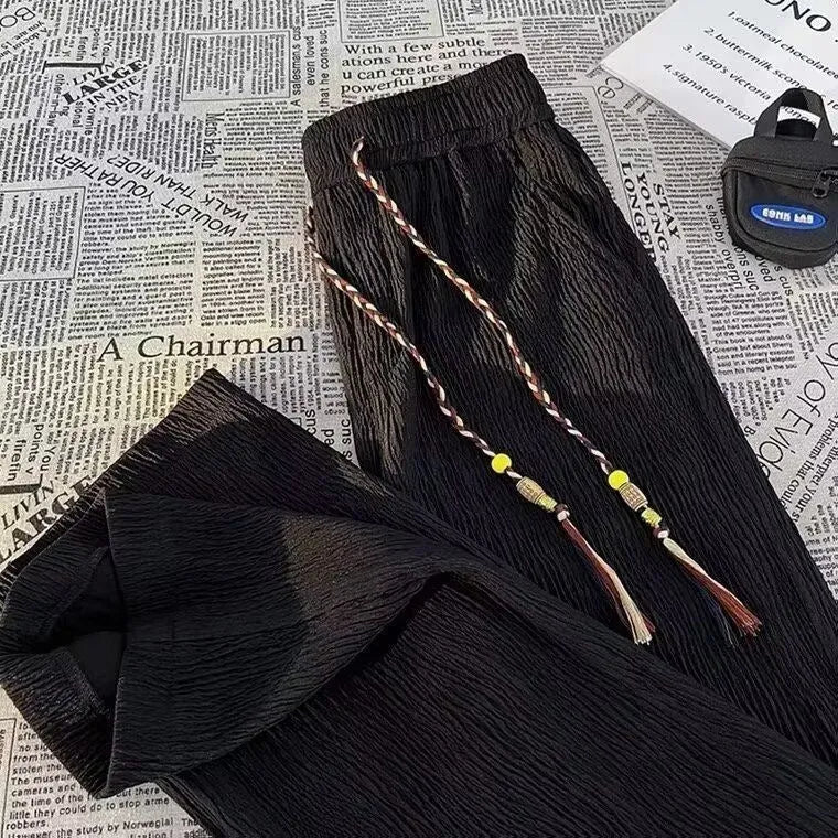 Men's thin loose straight-leg summer trousers with drooping texture in black or white colours
