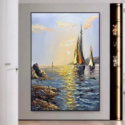Hand-painted sea boat oil painting on canvas, unframed vertical landscape wall art for living room or bedroom.