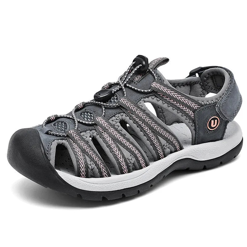 Women's black leather mesh sandals with elastic band and wide round toe box on rubber sole