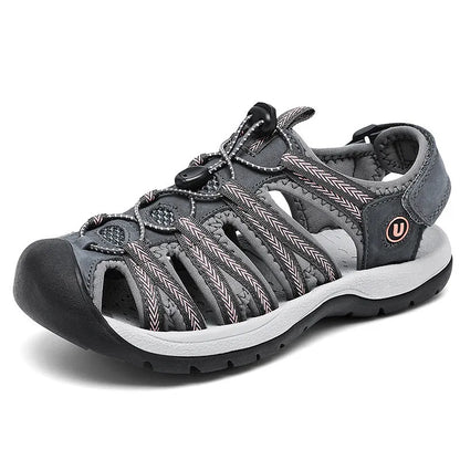 Women's black leather mesh sandals with elastic band and wide round toe box on rubber sole