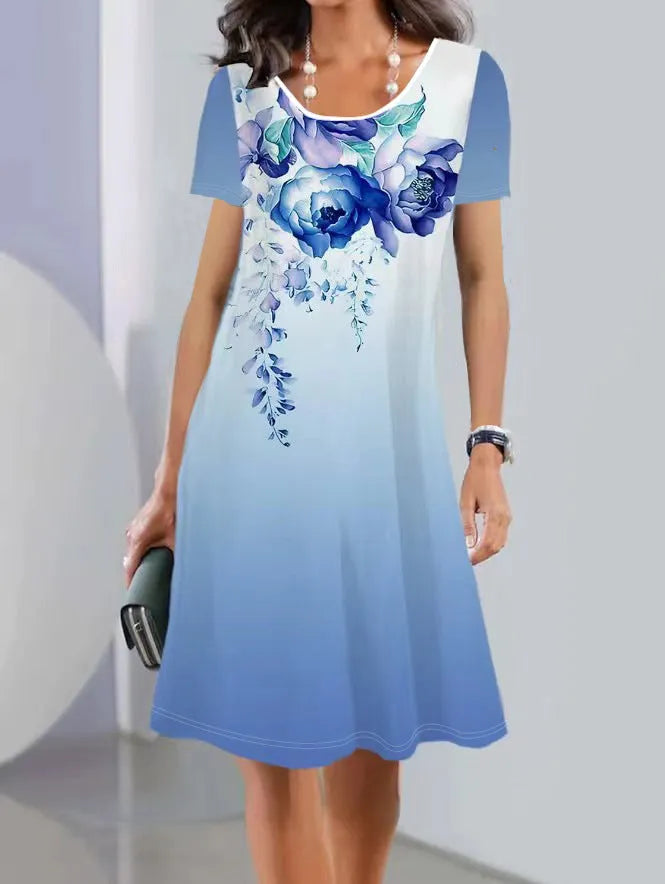 Women's mid-length dress with painted plant and flower patterns on ice silk fabric, A-line skirt, short sleeves, round neck