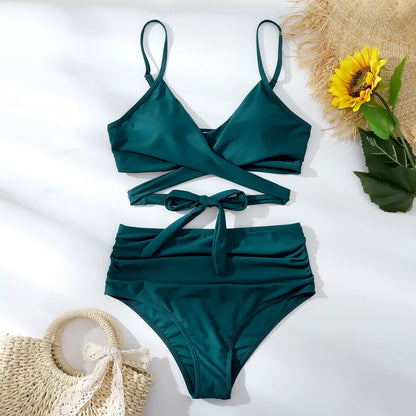 Spa Ladies Bikini Split Swimwear in multicolor patterns, featuring quick-drying nylon fabric.