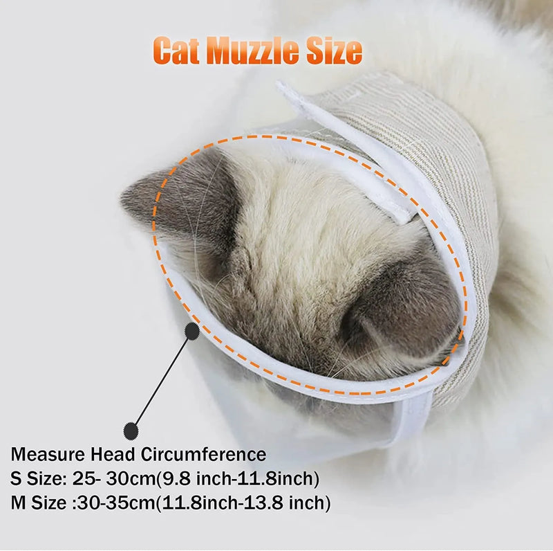 Cat anti-bite muzzle mask for grooming and bathing, transparent PVC design with cotton lining, available in S size for head circumference 25-30 cm or M size for head circumference 30-35 cm, breathable pet muzzle to prevent licking and biting during care