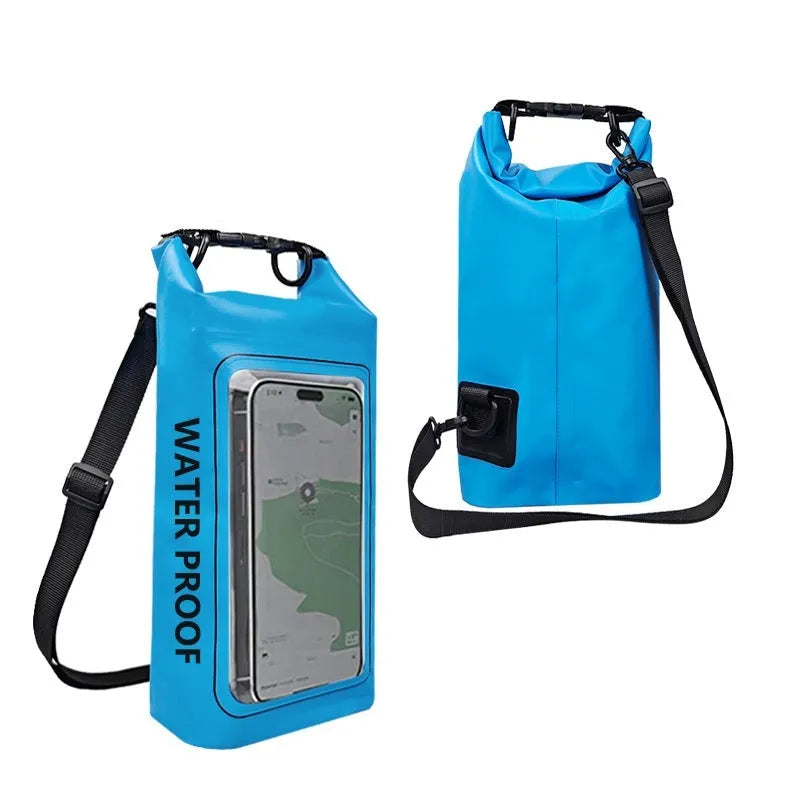 Army green PVC waterproof crossbody bag for mobile phones on a beach.