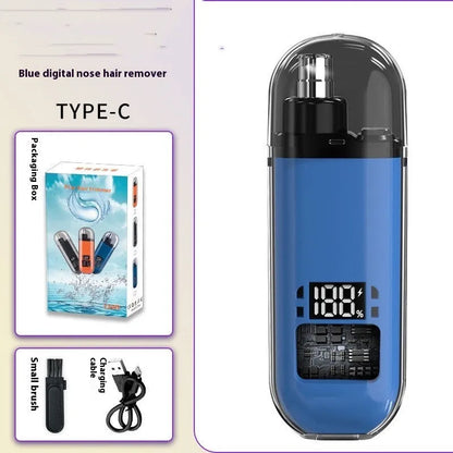 Rechargeable nose hair trimmer with digital display, removable cutter head, and cleaning brush.