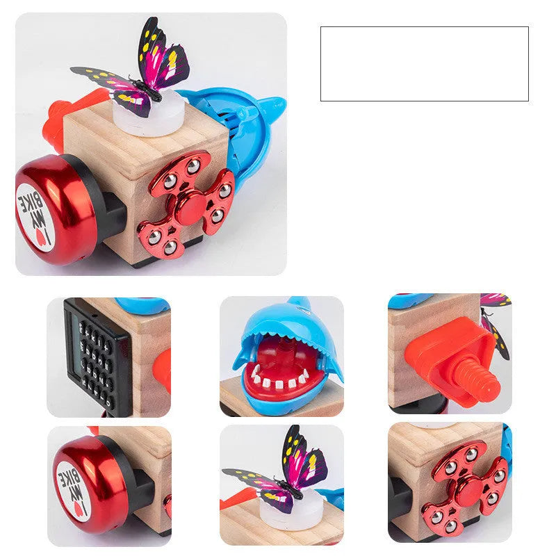 Wooden 7-in-1 busy board for toddlers, 15x11x13.5cm, with locks, spinning tops, and cube puzzle