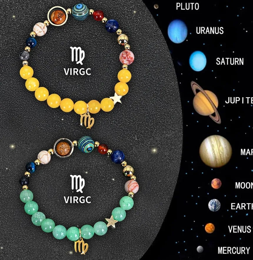 Two natural stone beaded bracelets with zodiac signs on adjustable cords, 8mm beads