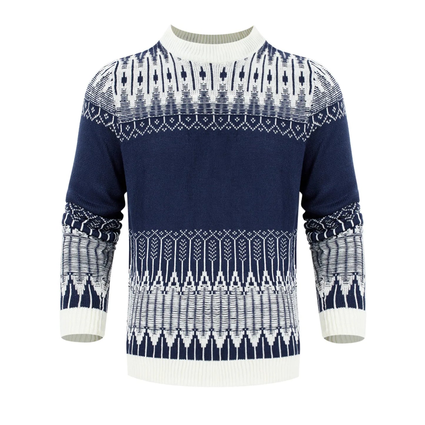 Men's grey cotton blend knitted pullover sweater with long sleeves on a hanger.