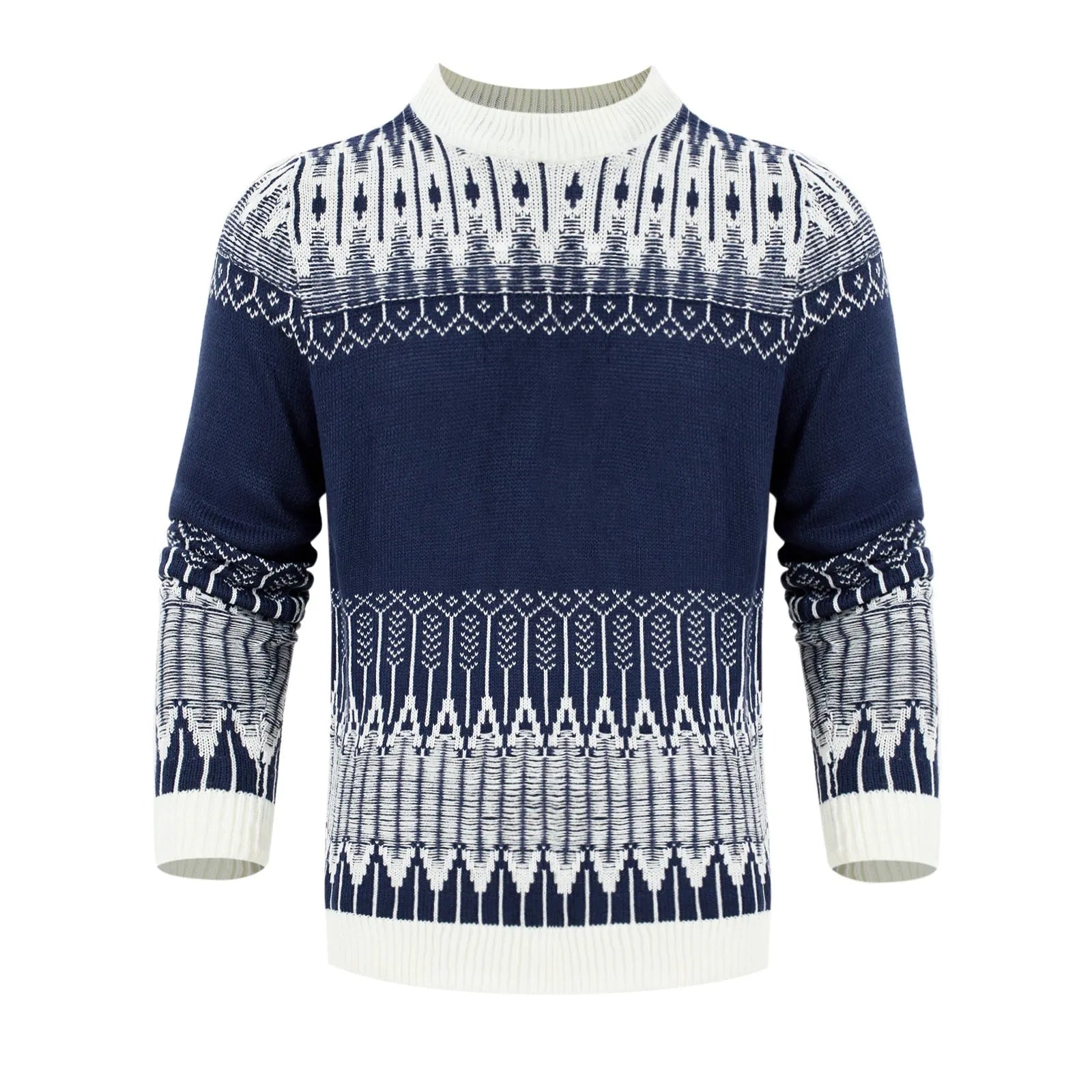 Men's grey cotton blend knitted pullover sweater with long sleeves on a hanger.