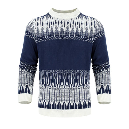 Men's grey cotton blend knitted pullover sweater with long sleeves on a hanger.