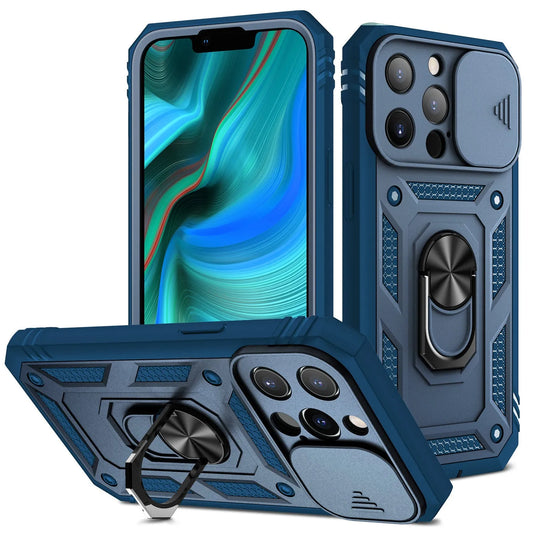 Magnetic iPhone case with sliding window bracket in sapphire blue colour showing adjustable viewing angle