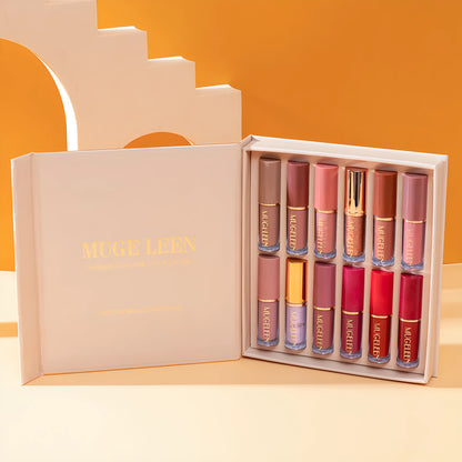 Matte shimmer lip glaze set with 12 transfer-resistant colours in display packaging