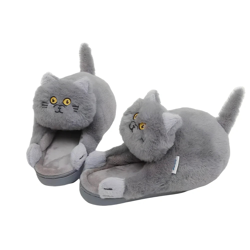 Cotton cat slippers with non-slip sole and animal pattern in blue, white, or beige