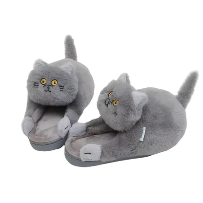 Cotton cat slippers with non-slip sole and animal pattern in blue, white, or beige
