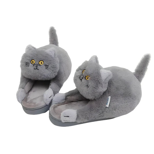 Cotton cat slippers with non-slip sole and animal pattern in blue, white, or beige