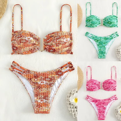 Women's floral bikini swimsuit set with high-waisted briefs in solid colours