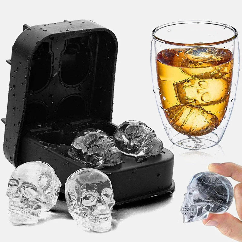 Large square black silicone ice cube mold with detailed skull design for creative drinks