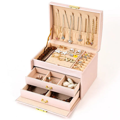 Portable dustproof jewellery box 18x14x13cm in white, pink, green, or black with density plate leather and flannel