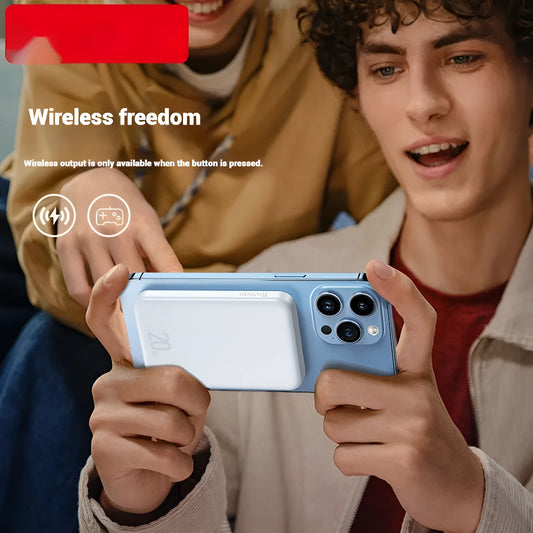 Portable magnetic wireless power bank with 10000mAh battery in compact PVC housing