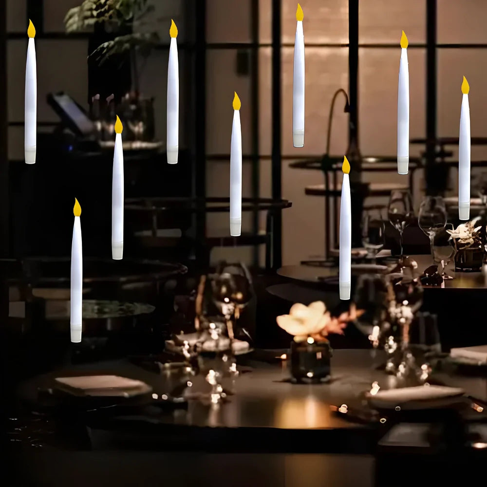 Flameless candles with magic wand remote control showing resin construction and flickering warm light effect