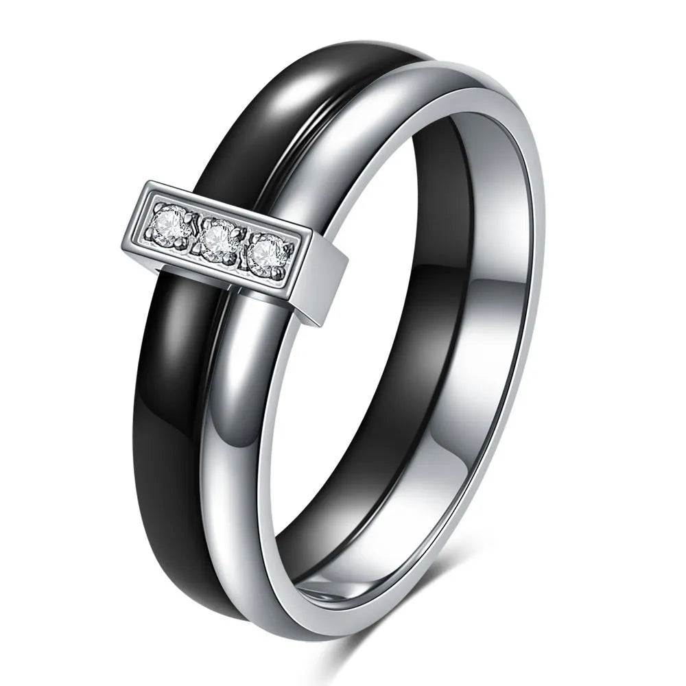 Glossy stitching inlaid zirconium ceramic 6mm ring in geometric design with electroplated finish
