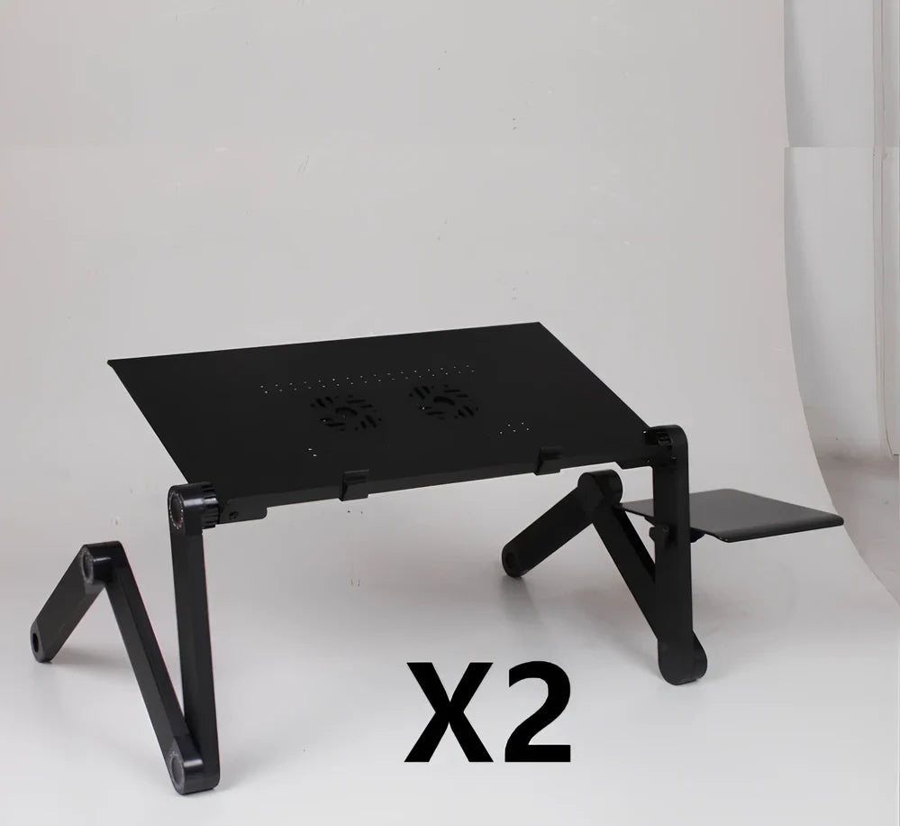 Black aluminium folding computer desk with adjustable legs and non-slip baffles for laptop stability