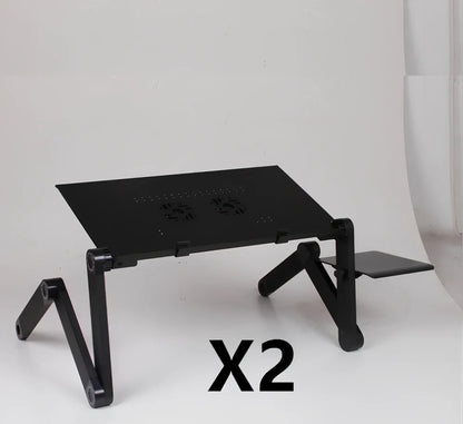 Black aluminium folding computer desk with adjustable legs and non-slip baffles for laptop stability