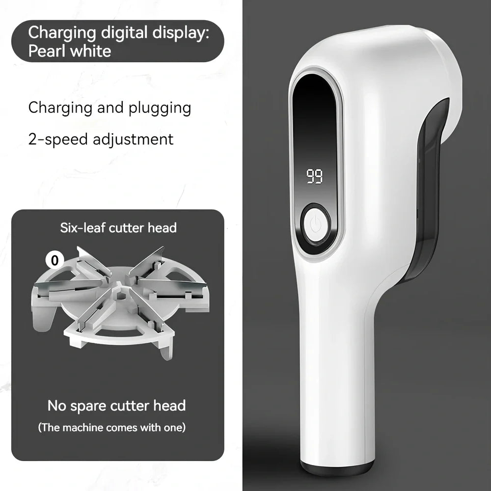 Rechargeable green lint trimmer removing fabric balls from wool jumper, digital display showing speed, 15 cm size with spare blades