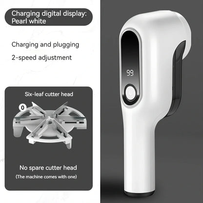 Rechargeable green lint trimmer removing fabric balls from wool jumper, digital display showing speed, 15 cm size with spare blades