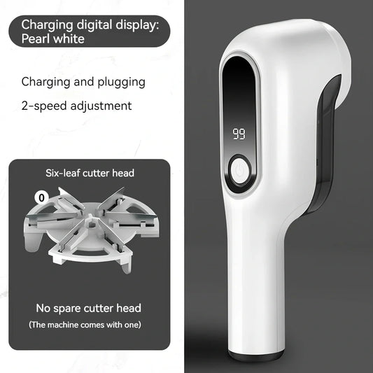 Rechargeable green lint trimmer removing fabric balls from wool jumper, digital display showing speed, 15 cm size with spare blades