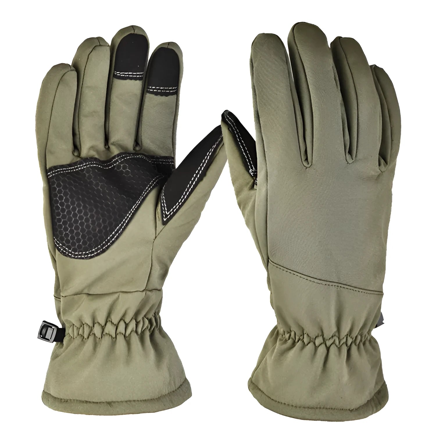 Camouflage ski gloves with touch screen fingertips and non-slip palm surface, shown in army green colour