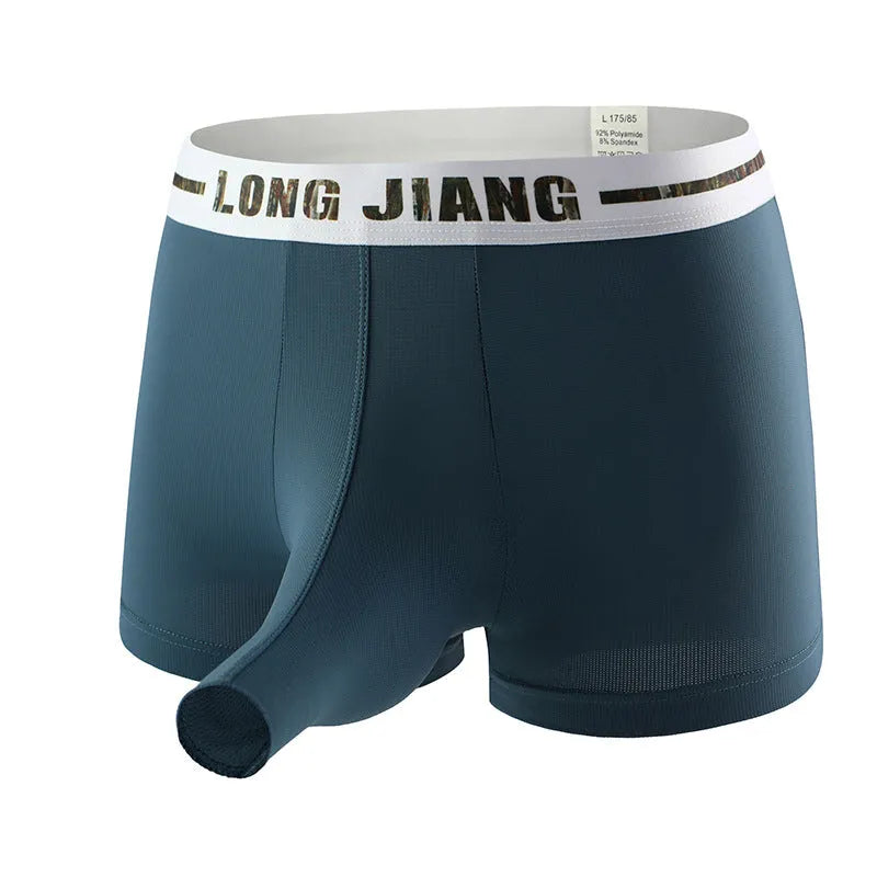 Men's grey blue ice silk trunk open boxers laid flat, showing mid-waist and knitted fabric texture.