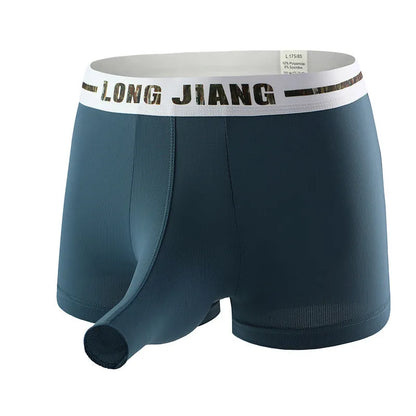 Men's grey blue ice silk trunk open boxers laid flat, showing mid-waist and knitted fabric texture.